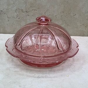 Vintage 1970s Jeanette Pink Glass Cherry Blossom Covered Butter Dish